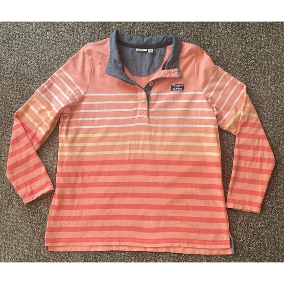 💎LL Bean Women’s Casual Coral Striped Pull Over Long Sleeve Button Neck Size 1X - Picture 1 of 8